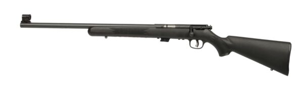 Black rifle positioned horizontally on a white background.