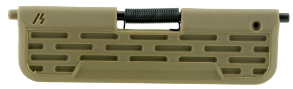 Tan firearm accessory with ventilation slots.