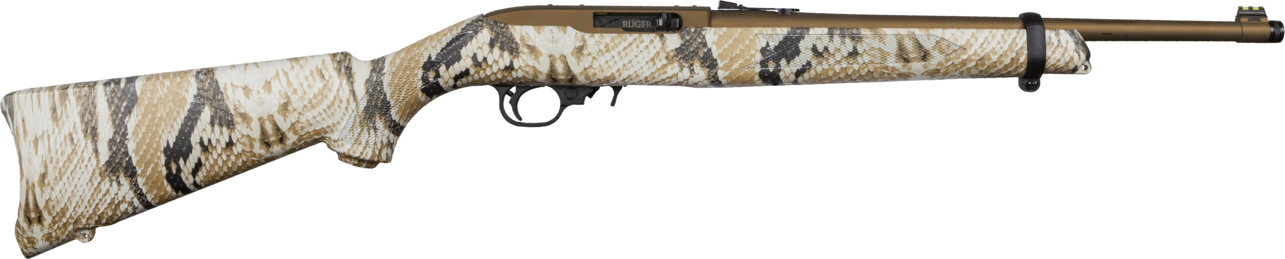 Rifle with a snake skin camouflage pattern