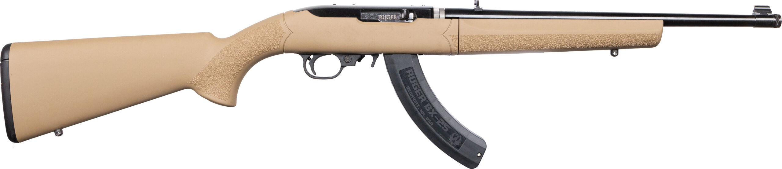 Tan-colored semi-automatic rifle on a white background.