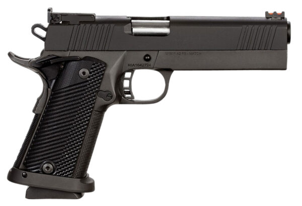 Black semi-automatic pistol on a white background.