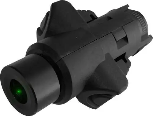 Green laser sight for firearms with compact design.