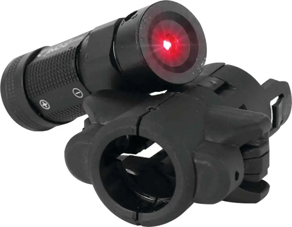Compact flashlight with red laser attachment.