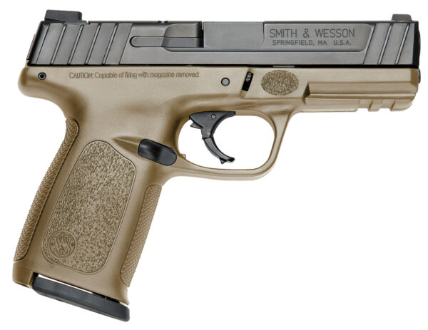 Tan Smith & Wesson handgun displayed side view.