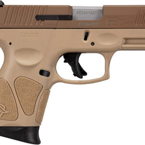 Tan compact handgun with textured grip.