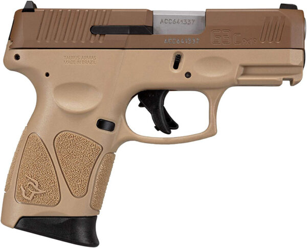 Tan compact handgun with textured grip.