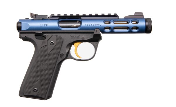 Close-up of a blue and black firearm.