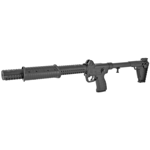 Black firearm with ergonomic grip and accessories