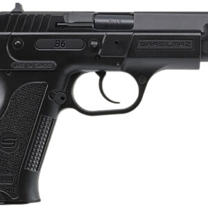 Black semi-automatic handgun on a white background.
