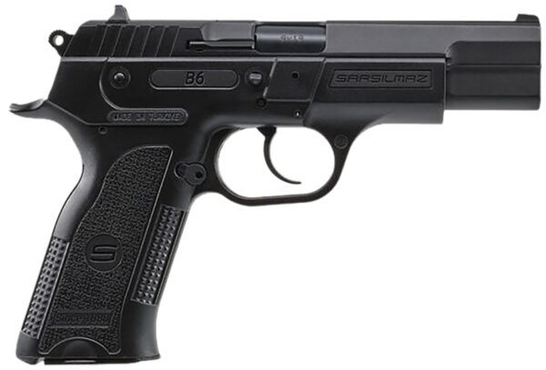 Black semi-automatic handgun on a white background.
