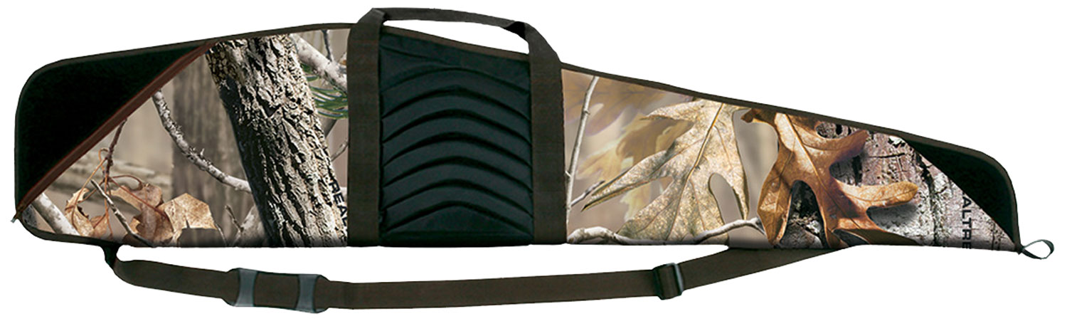 Camouflage gun case with adjustable strap.