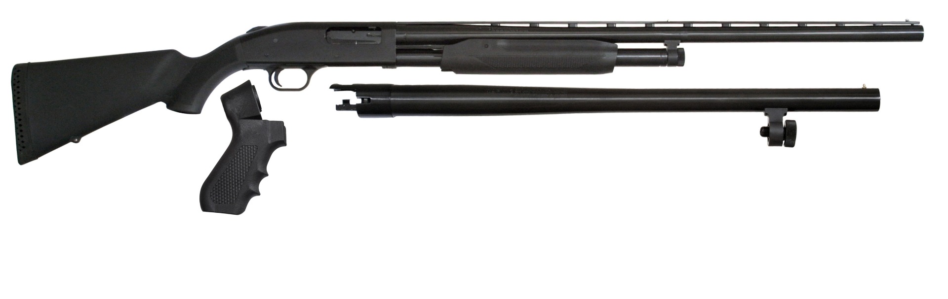 Disassembled shotgun components on a white background.
