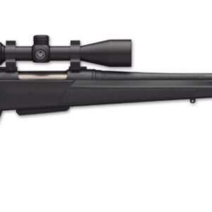 Black rifle with scope on white background