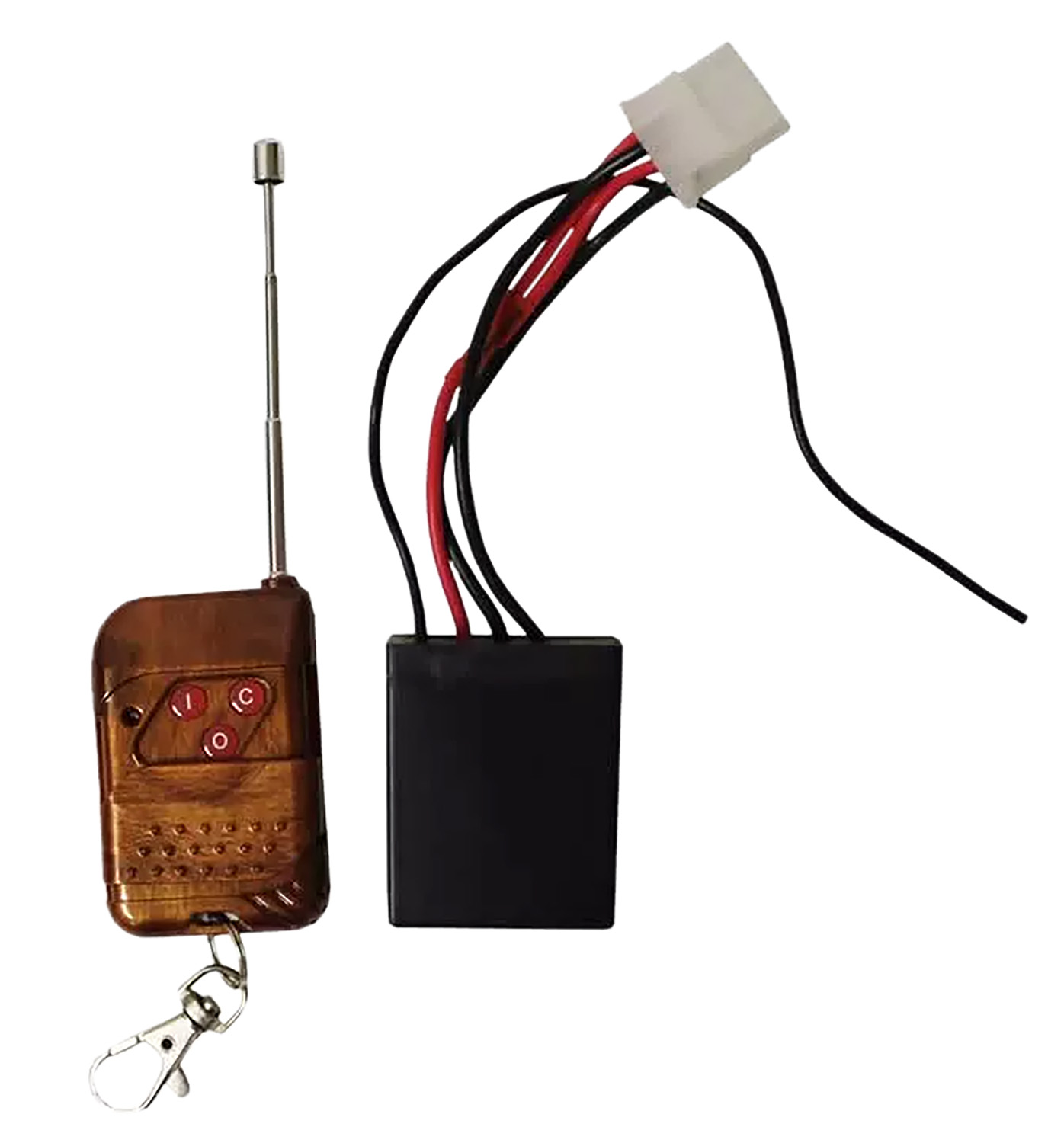 Remote control with antenna and wiring connections.