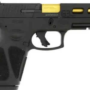 Black semi-automatic handgun on a white background.