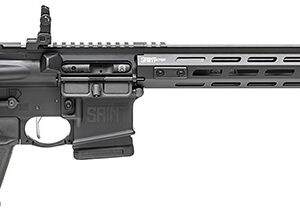 Side view of a modern rifle with attachments.