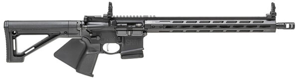 Side view of a modern rifle with attachments.
