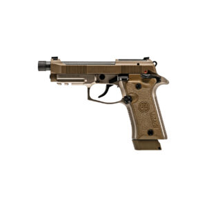 Side view of a Beretta handgun in tan color.
