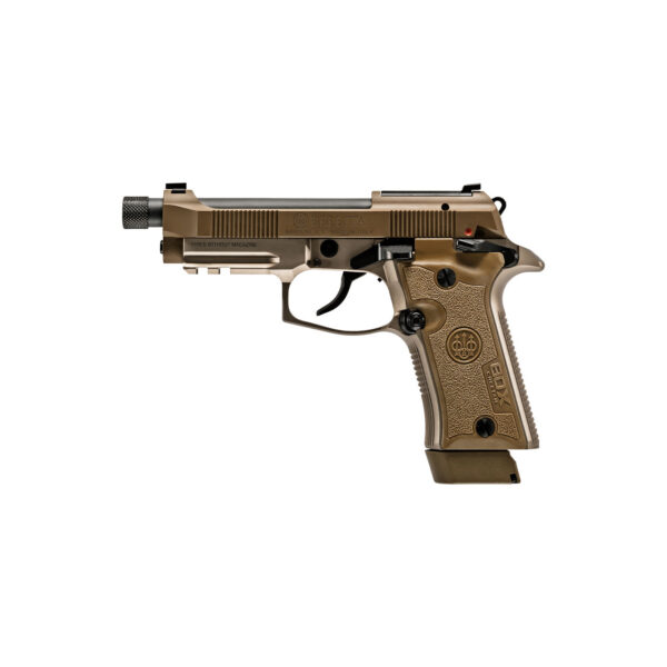 Side view of a Beretta handgun in tan color.