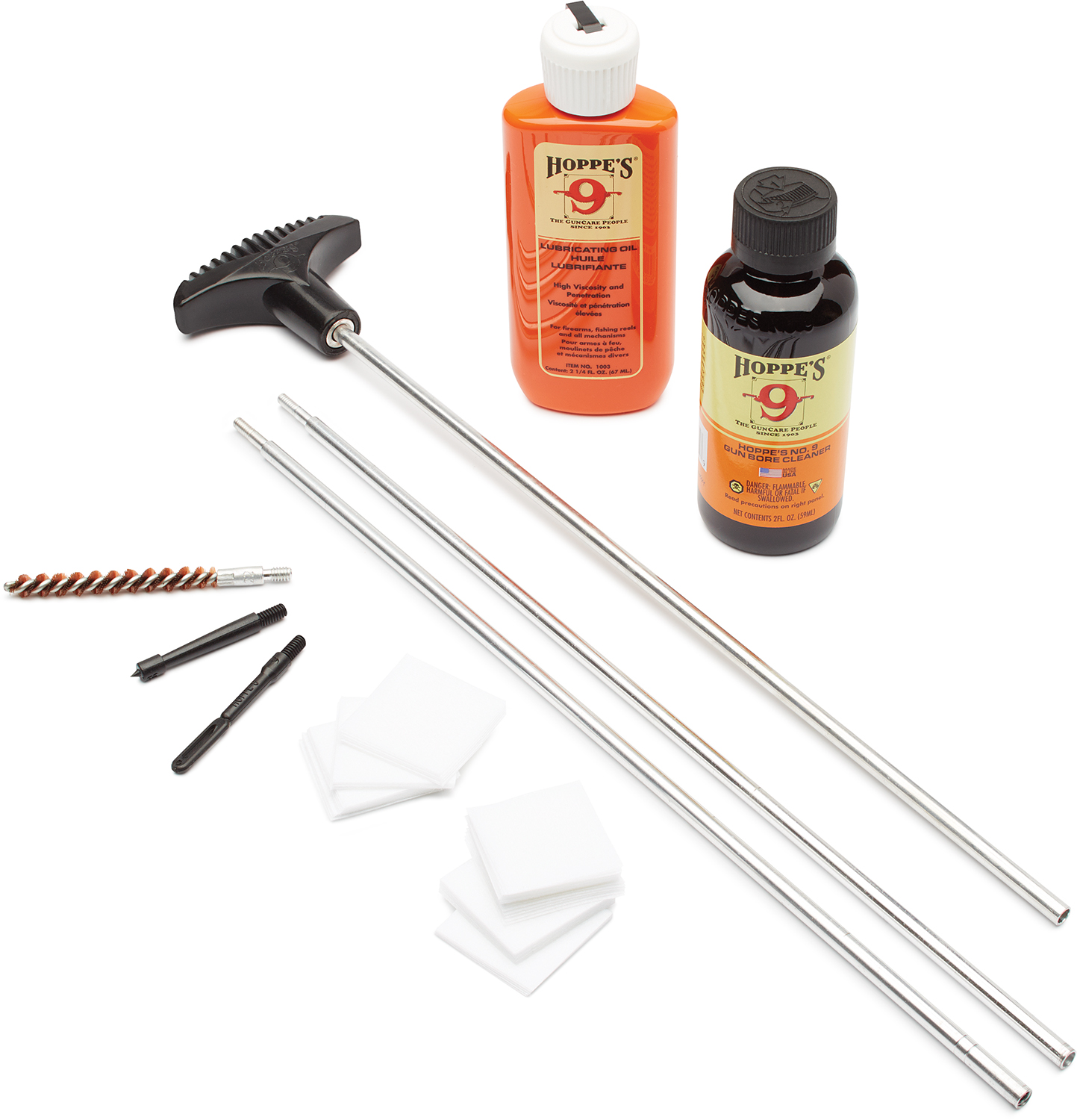 Gun cleaning supplies including rods, brushes, and solvents.
