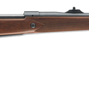 Side view of a wooden stock rifle.
