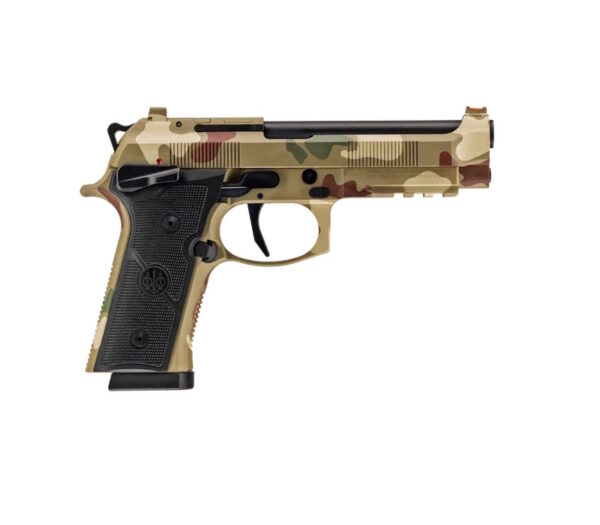 Camouflaged semi-automatic handgun on a white background