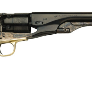 Classic revolver with wooden grip and barrel.