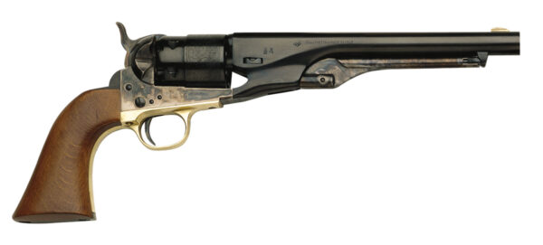 Classic revolver with wooden grip and barrel.