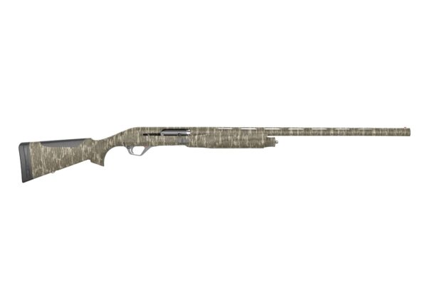 Camouflaged rifle on a white background.