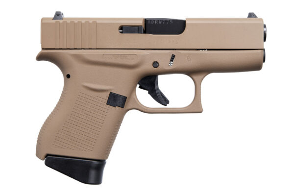 Tan semi-automatic pistol on a white background.