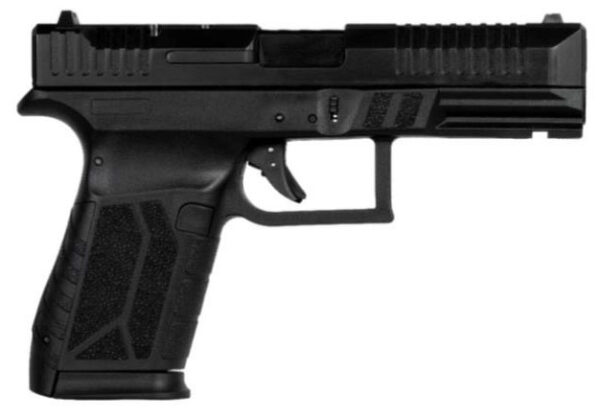 Side view of a black semi-automatic handgun.