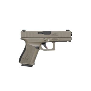 Semi-automatic handgun in tan color.