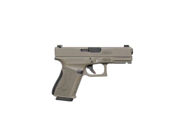 Semi-automatic handgun in tan color.
