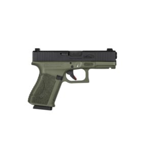 Green handgun with tactical design and features.