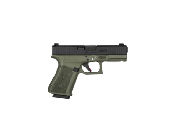 Green handgun with tactical design and features.