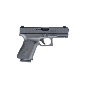 Black semi-automatic handgun on a white background.