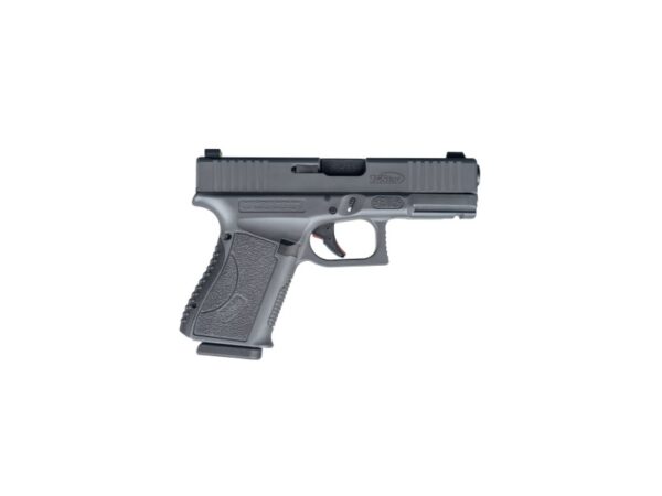 Black semi-automatic handgun on a white background.