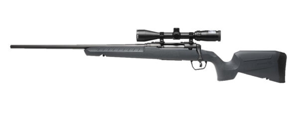 Black bolt-action rifle with scope