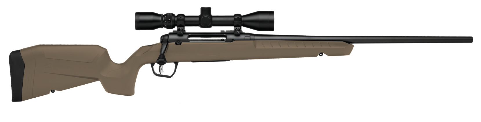 Side view of a scoped rifle in brown.