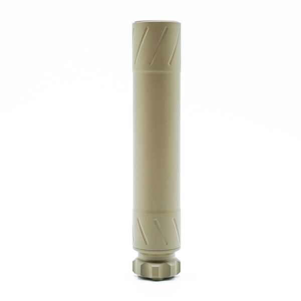 Tan suppressor with textured grip and threaded base.