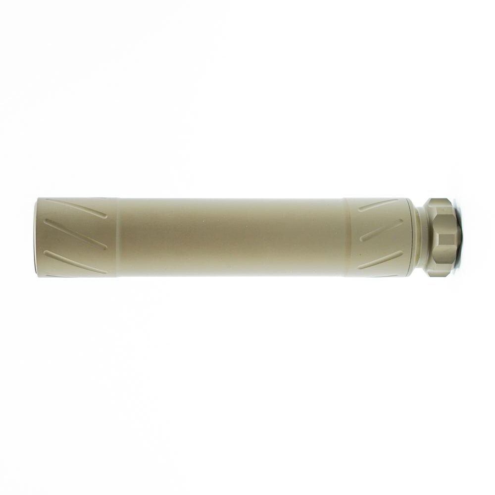 Tan suppressor with textured grip and threaded base.