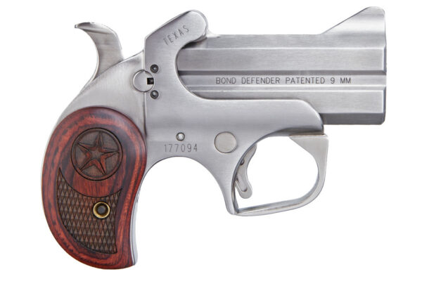 Compact Bond Defender 9mm handgun with wooden grip.