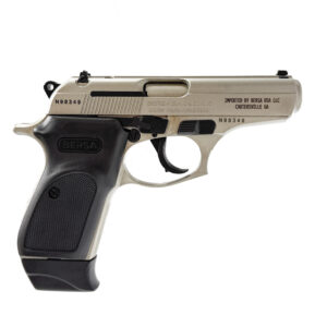 Silver Bersa handgun with black grip detail.