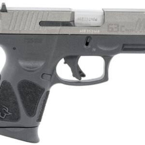 Compact handgun with a textured grip design.