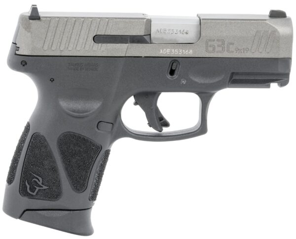 Compact handgun with a textured grip design.