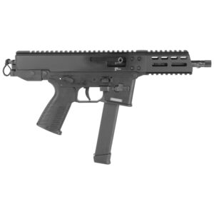 Black semi-automatic firearm on display.