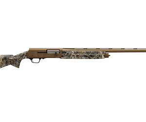Camo shotgun with long barrel and textured grip.