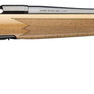 Side view of a wooden rifle with black accents.