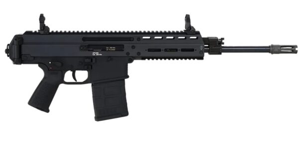 Black rifle with tactical features and magazine.