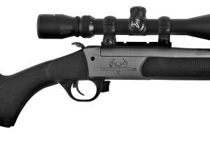 Black rifle with scope on a white background.
